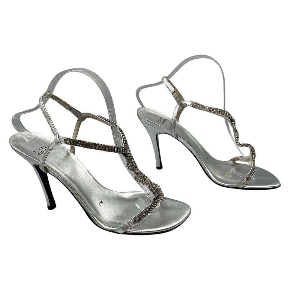 Stuart Weitzman Heeled Sandals Crystal Rhinestone Stiletto Heels Silver Sz 9.5 M